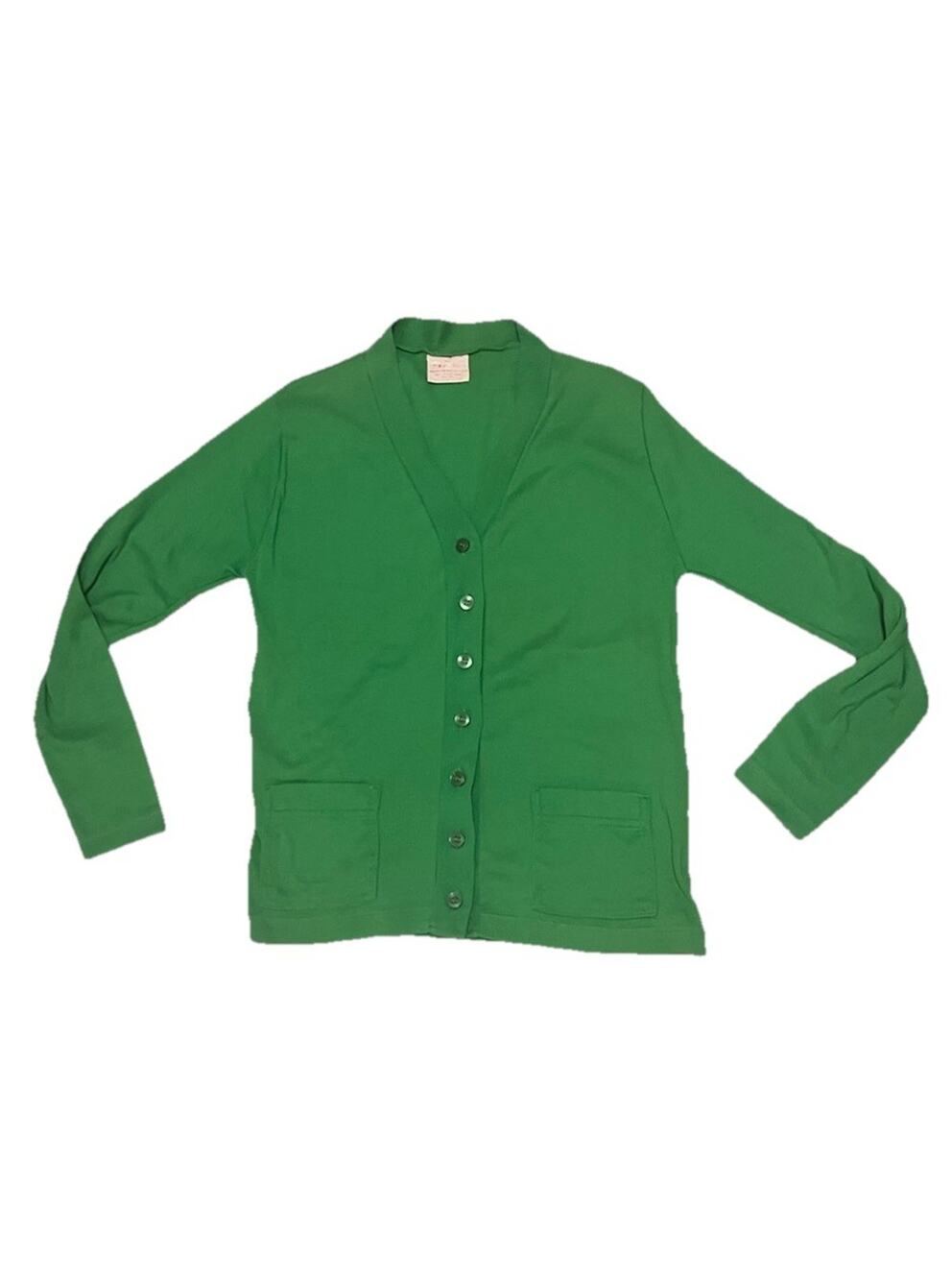 VTG 70s Cardigan Sweater Green 2-Pocket V-Neck Lightweight Grunge Hong Kong S/M